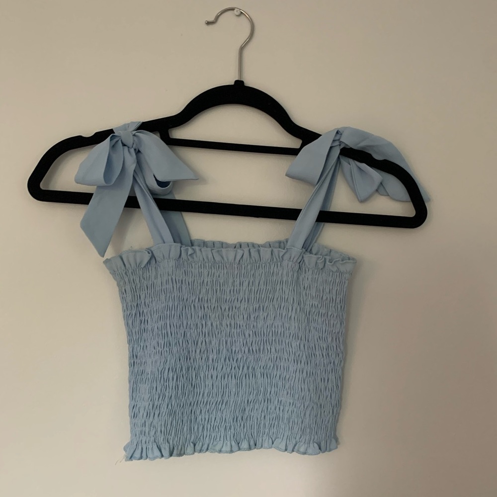 Blue rouched crop top with tie shoulders